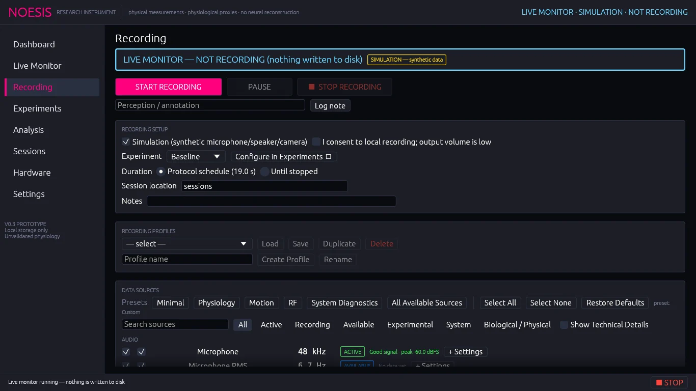 Recording workspace: run controls, recording setup, profiles and the data-source table.