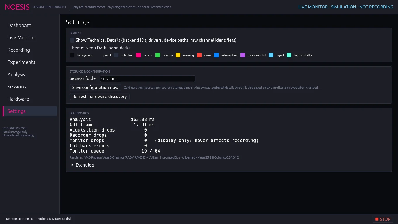 Settings: display, storage and configuration, diagnostics.